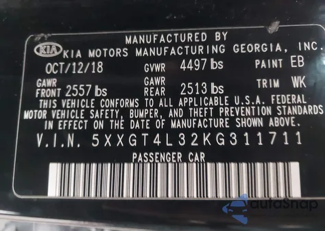 2019 Kia Optima S из США, поврежденный, VIN 5XXGT4L32KG311711